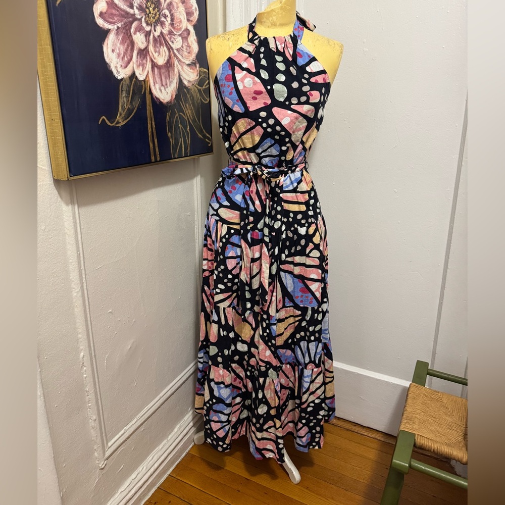 FATE Halter Butterfly Wing Print Blue Maxi Dress